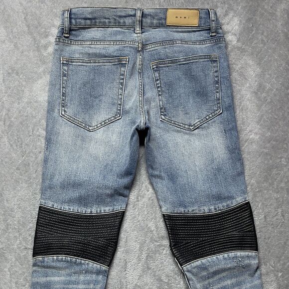 MNML Men’s Moto Biker Distressed Leather Knee Skinny Jeans Size 29x33 - Picture 4 of 15